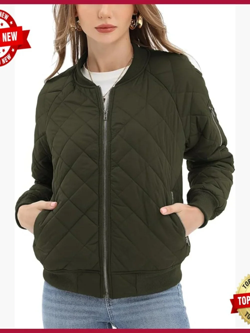 Quilted Bomber Jacket with 5 Pockets Lightweight Puffer Outerwear XS-XXL